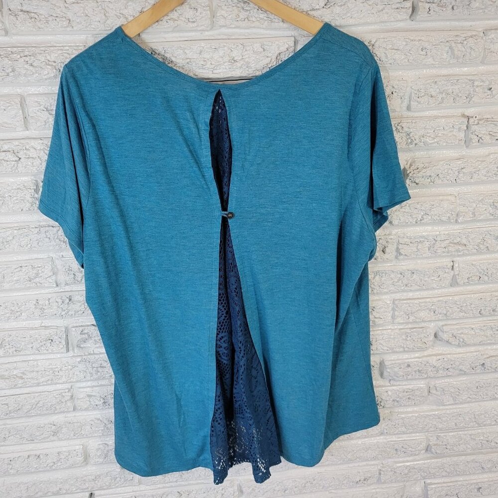 Catherines Womens Top 1X Plus Tee Blue Tropical Poly Blend Split FLO189E - Picture 4 of 5